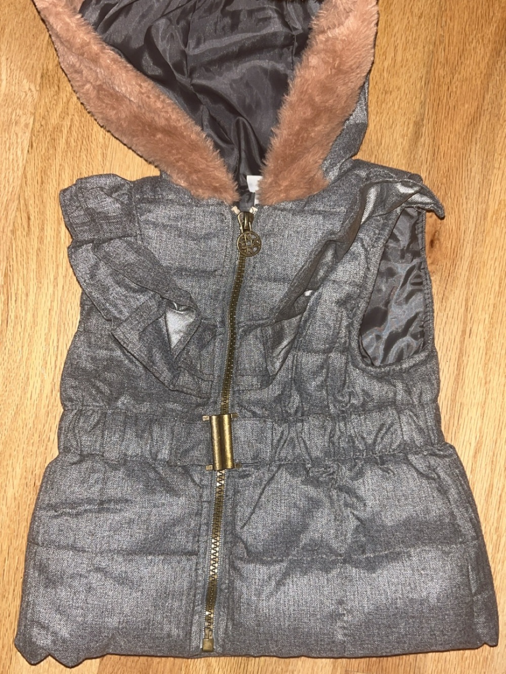 Nicole by Nicole Miller Girls Gray Puffer Vest with Faux Fur Trim